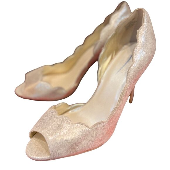 David's Bridal Sparkly Gold 4.5" Stilettos with Molded Upper Sz 10 M Peep Toe - Picture 1 of 10